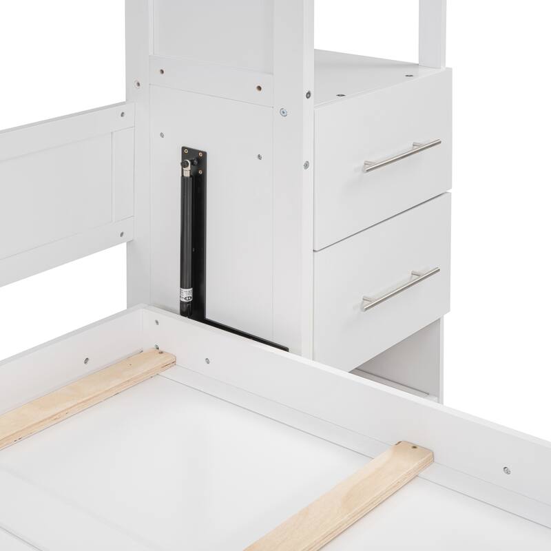 Space-Saving White Murphy Bed with Shelves, Drawers & LED Lights for Multi-Functional Rooms