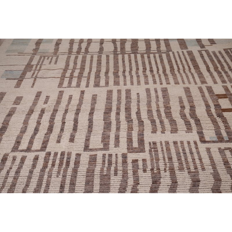 Earth Tone Moroccan Modern Area Rug Hand-Knotted Stripe Wool Carpet - 8'9" x 12'4"