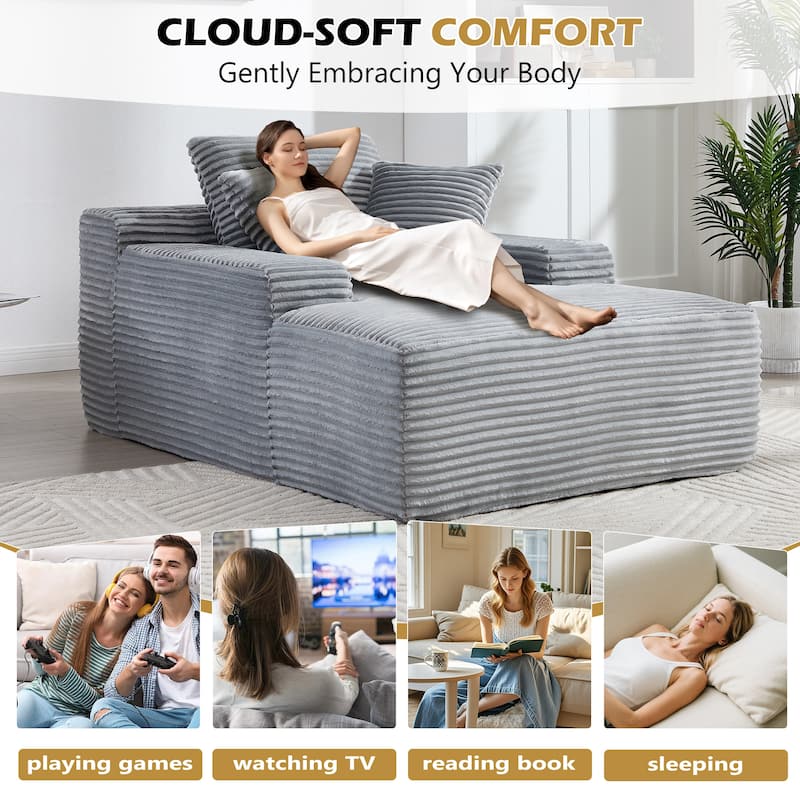Deep Seat Chaise Lounge Chair, Wide Armrest Sleeper Sofa with Three Soft Pillows, Convertible Boneless Sofa Bed Daybed