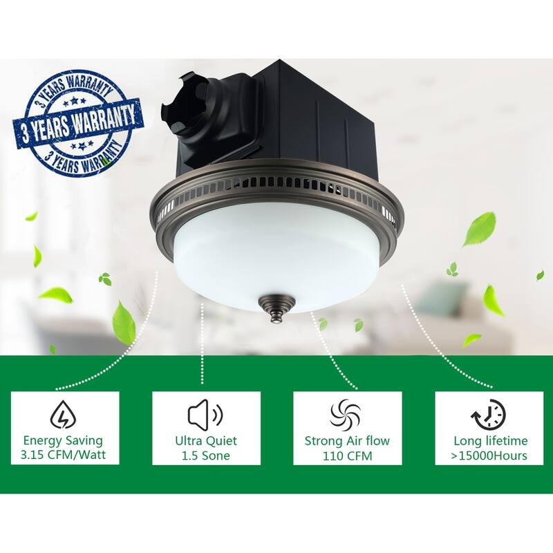 Ultra Quiet Bathroom Exhaust Fan with LED Light and Nightlight 110CFM 1.5 Sone with Round Frosted Glass Cover