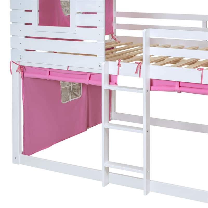 Full Size Bunk Wood House Bed with Tent