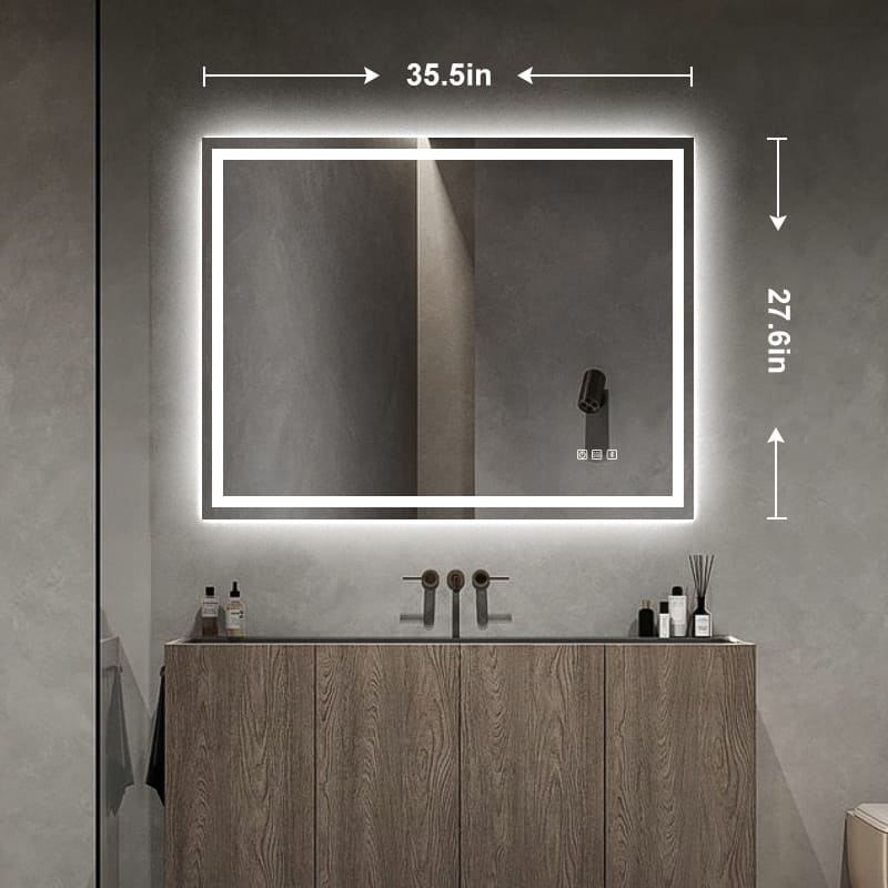 27.55 in. W x 35.43 in. H Rectangular Frameless Wall-Mounted Bathroom Vanity Mirror with Lights Anti Fog Touch Control - Silver