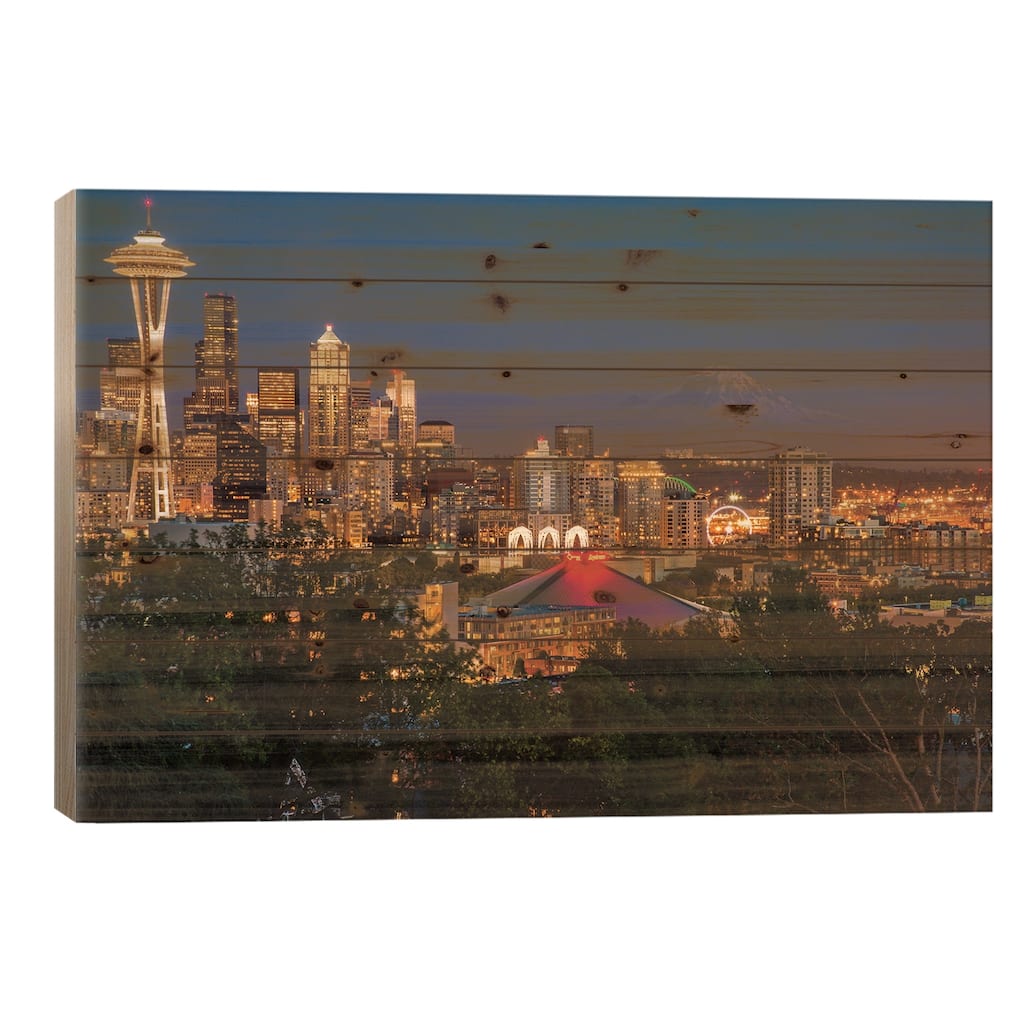 USA, Washington State. Seattle, Night Scene, Mount Rainier, Print On Wood by George Theodore - Multi-Color