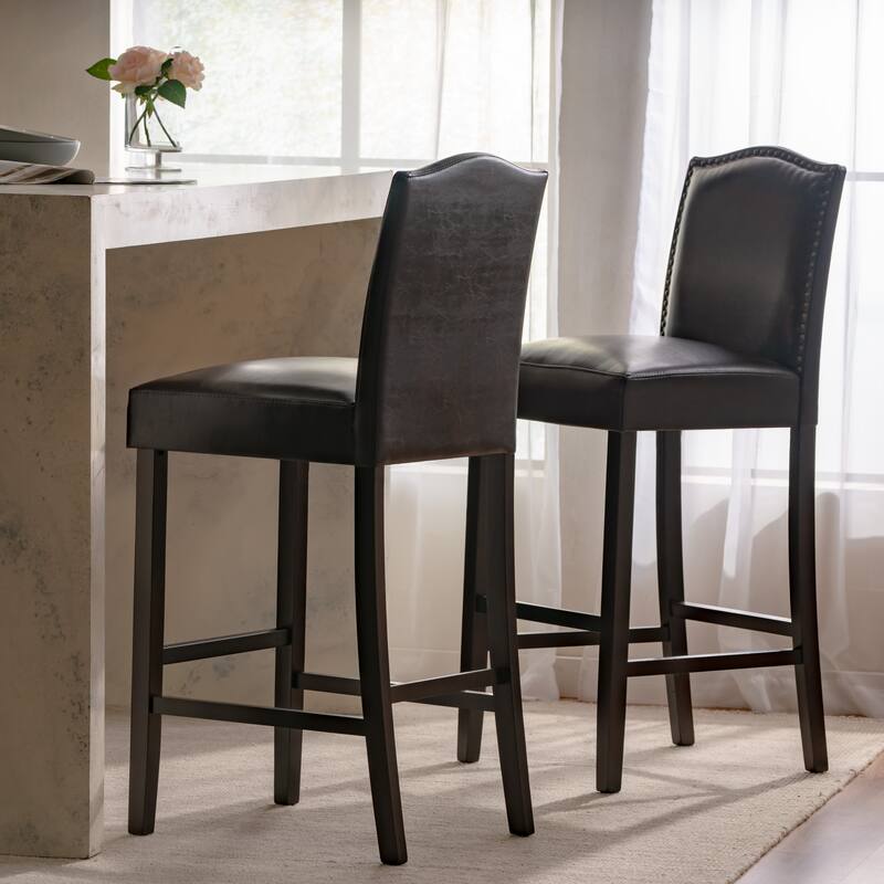 Modern Set of 2 Bar Stools with Leather Cushioned Backrests, Nailhead Trim, Solid Wood Legs for Dining Room Living Room Bar