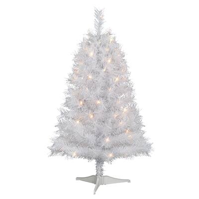 Puleo International 3 ft Pre-Lit White Snow Ridge Aritificial Fir Tree 130 Tips 70 Clear Light Plastic Stand