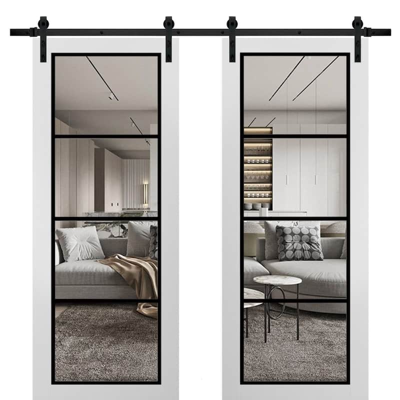 Sturdy Double Barn Door 36 x 80 Lucia 2466 White Silk Clear Glass 13FT - White - 48" x 96" ( 2* 24x96)