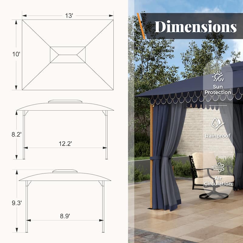 10 x13 ft Patio Gazebo Heavy Duty Metal Frame Canopy Tent with Double Roof & Mosquito Netting