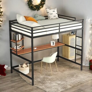 Modern Style Full Metal Loft Bed with Desk, Shelve, 4-step Ladder and Guardrail, Creative Structure & Good Stability, Espresso