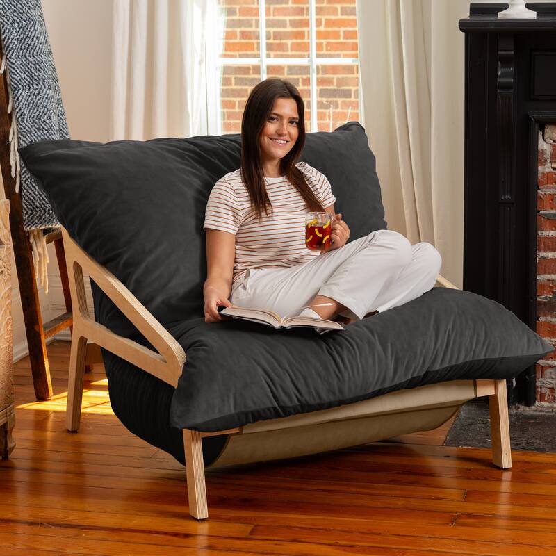 Pillow Saxx Dream Lounger with Wood Frame - 3-in-1 Bean Bag - Lush Velvet Black