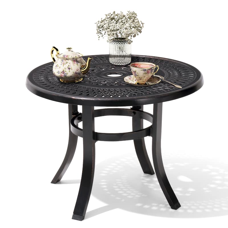 Outdoor Cast Aluminum Patio Side Table Round Table with Umbrella Hole - 24.02" Dia. x 17.52" H