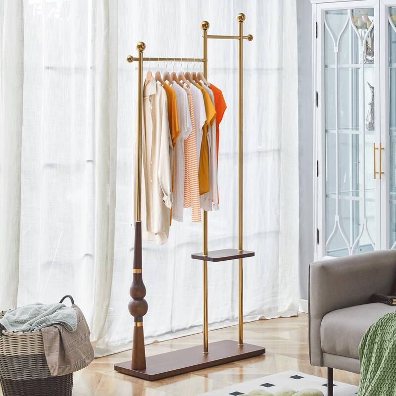 Industrial Coat Rack, Solid Wood and Stainless Steel Heavy Duty Clothing Stand with 2 Layer Storage