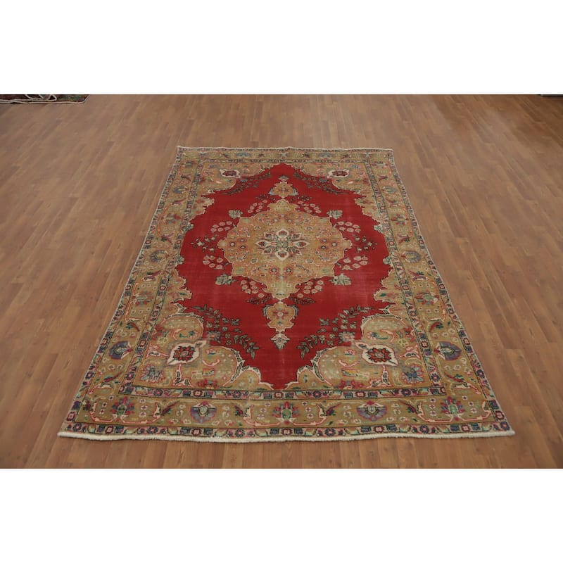 Hand Knotted Oriental 100% Wool Carpet Traditional Floral Red Tabriz Area Rug - 9' 5'' X 6' 2''