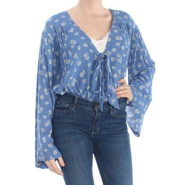 Shop Free People Womens Light Blue Tie Floral Bell Sleeve Body