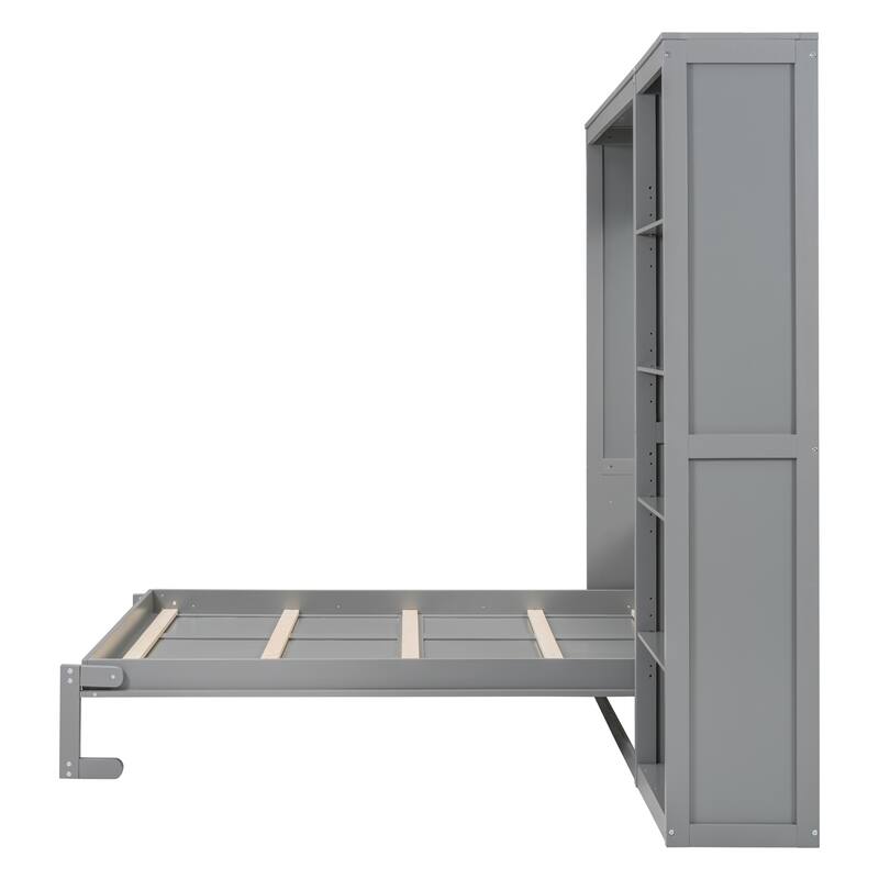 Space Saving Murphy Bed Wall Bed with 5 Layer Storage Shelves, Wood Foldable Platform Bed Frame, No Box Spring Needed