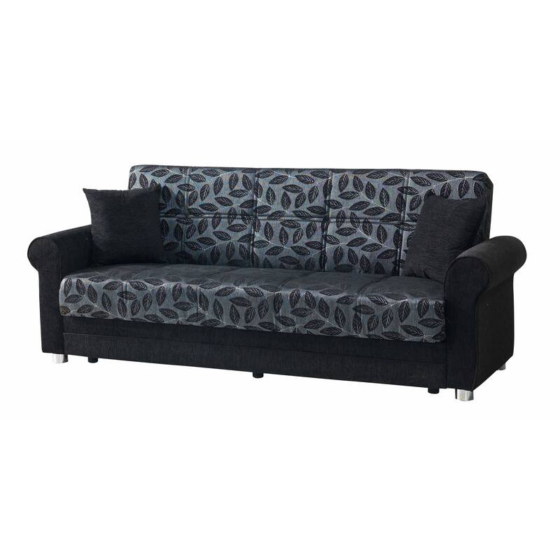 HomeRoots 89" Black Chenille Convertible Futon Sleeper Sofa And Toss Pillows With Storage