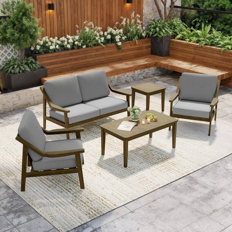 5-Piece Outdoor Sectional Wood Conversation Set with Table - Grey - Brown Wood