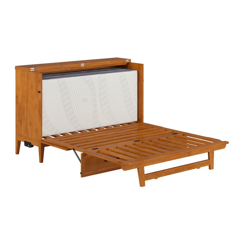 Solid Wood Murphy Bed Chest with Mattress & Charger - Space Saving Bed for Guest Room, Studio Apartment