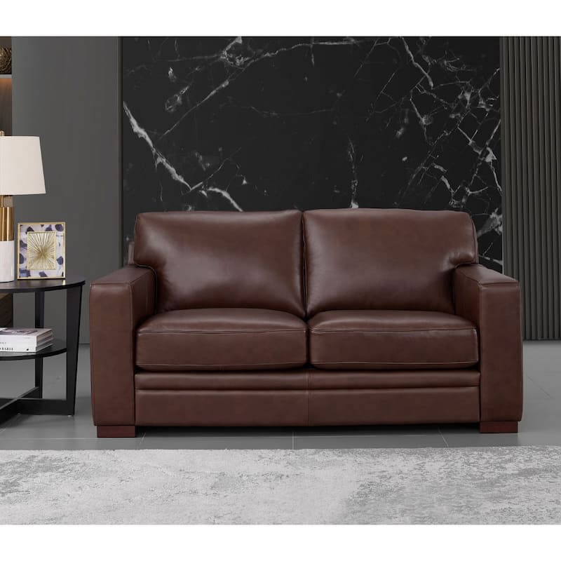 Hydeline Dillon Top Grain Leather Loveseat With Feather, Memory Foam and Springs - Raisin Brown