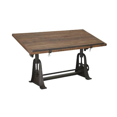 Teak Wood Drafting Style Desk with Tilting Top and Crank Height Adjustment - Brown - Roche River Decor