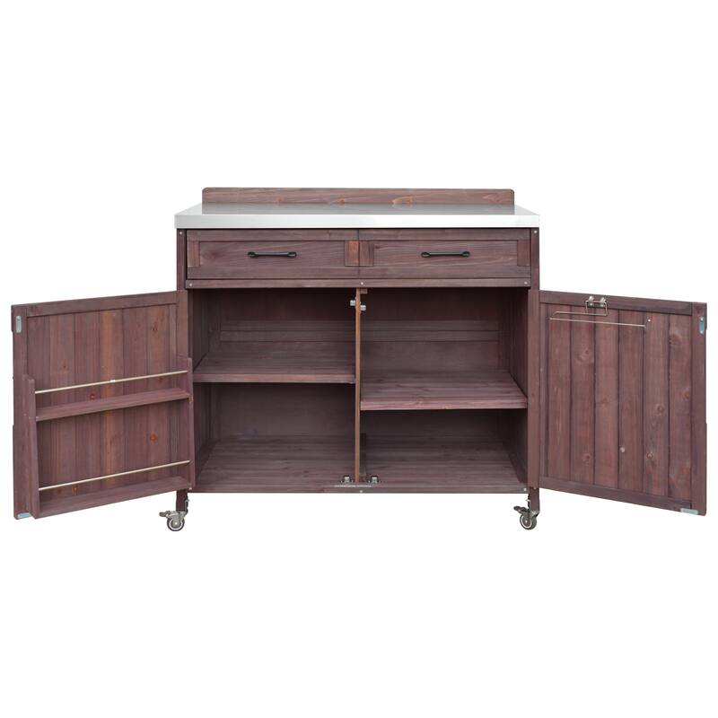 39.4" Outdoor Kitchen Island with Stainless Table Top, with One Large Drawer, Internal Storage Racks & 4 Wheels