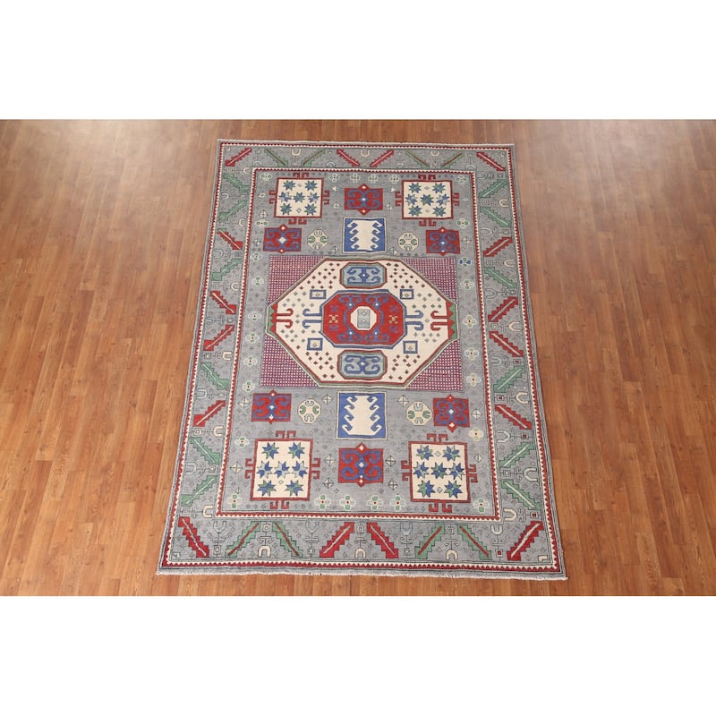 Geometric Kazak Area Rug Handmade Wool Carpet - 5'11" x 8'10"