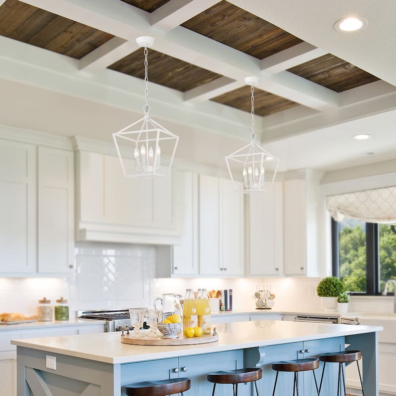 Renzo 12 in. 4-Light Farmhouse White Pendant Light with Caged Metal Shade - N/A