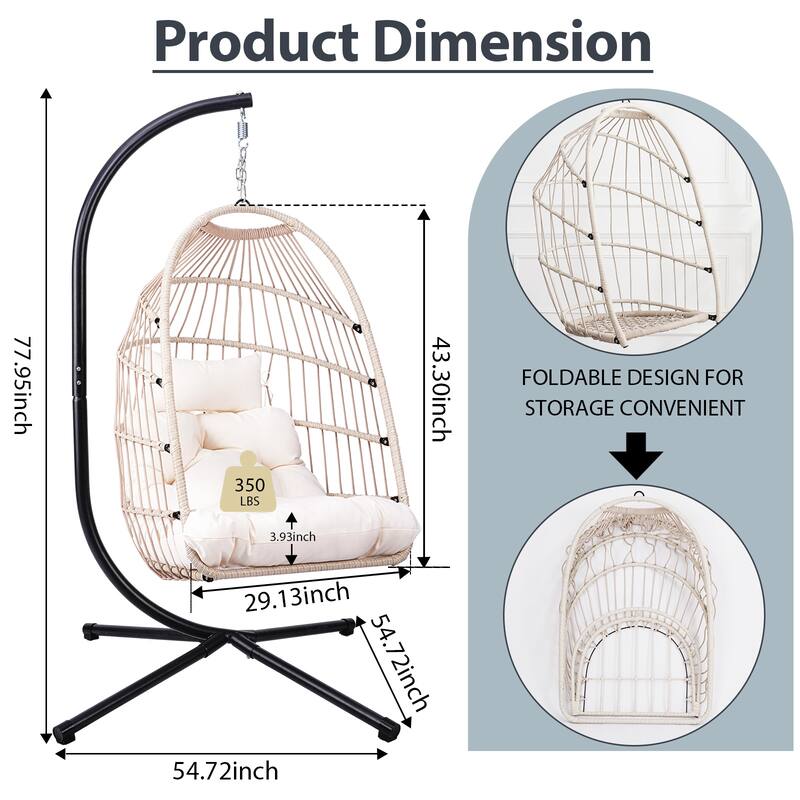 Outdoor Egg Hanging Chair, Swing Chair with Stand & Aluminum-Steel Frame, Patio Rattan Wicker Hanging Swing Egg Chair
