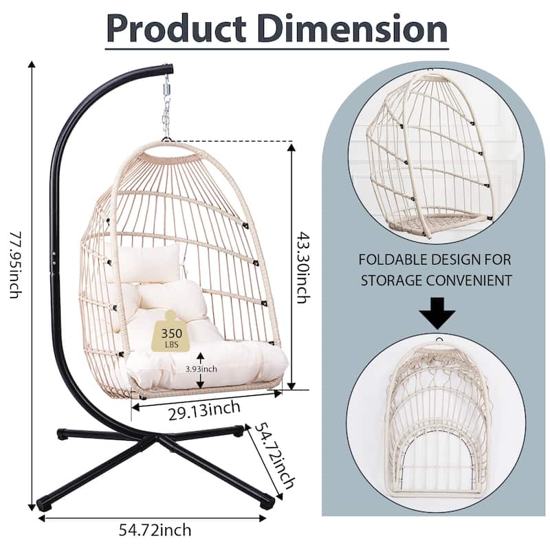 Outdoor Hammock Egg Chair with Stand, Patio Wicker Foldable Swing Chair Hanging Chair with Washable Cushion