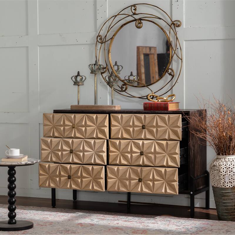 Solid Wood Sideboard with Geometric Pattern, 6 Drawers Dresser,Mid Century Modern Sideboard Cabinet