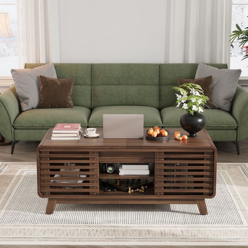 Gymojoy 47" Mid Century Modern Coffee Table with Sliding Door Storage, Walnut Center Table