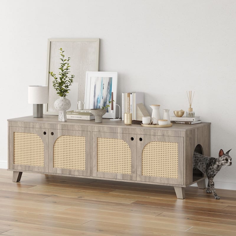 Double Hidden Cat Litter Box Enclosure Furniture Cabinet - Grey