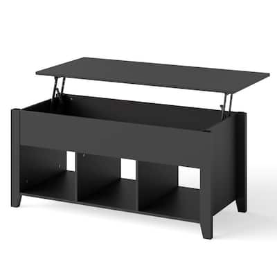 Modern Wood Lift Top Coffee Table with 3 Open Storage Shelves and Iron Legs for Daily Use