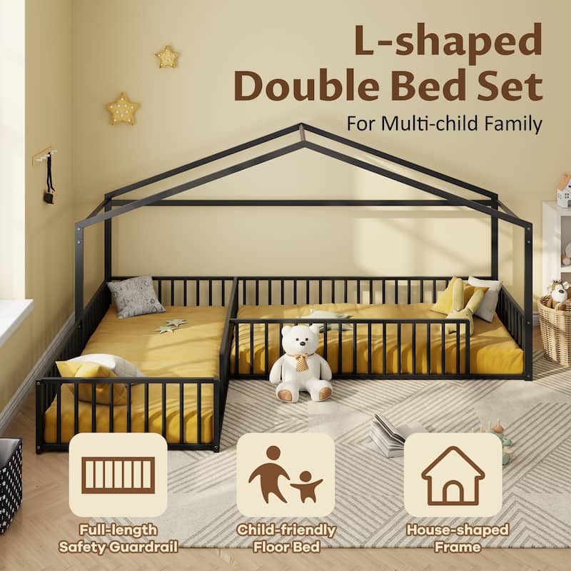 Twin Size L-shaped Corner Montessori Bed with Fence, Metal House-shaped Bed Frame, Without Slats, Floor House Bed for 2 Kids