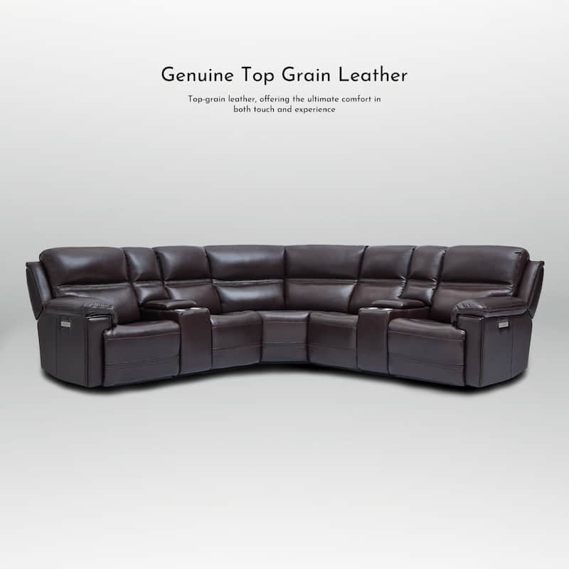 7PCS, 3 power Recliners, Dual-Power Genuine Leather Reclining Sectional with Console, Zero Gravity