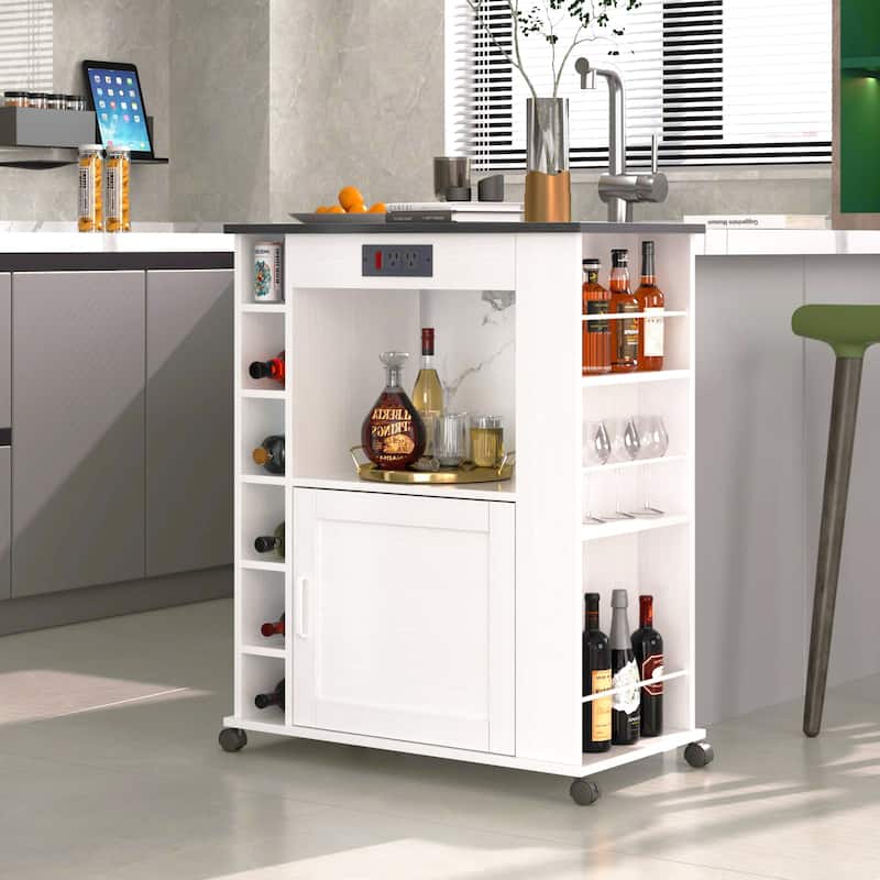 VECELO Kitchen Cart with Wheels and Charging Station,35.4'Kitchen Island Cart Wine Rack Bar Table, Bar Cabinet - White