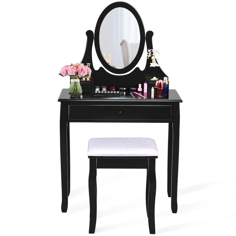 Costway Wooden Vanity Makeup Dressing Table Stool Set bathroom Black