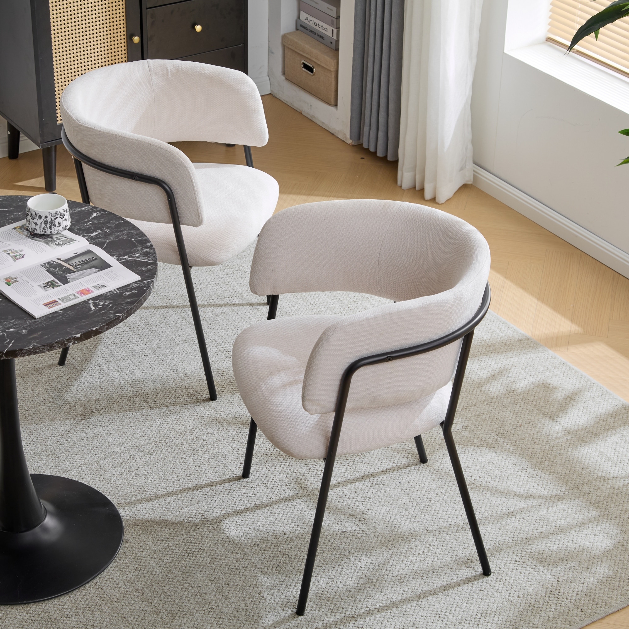 Roomfitters Modern Curved Back Upholstered Dining Chairs with Black Metal Legs for Kitchen Dining Room, Set of 2, Beige