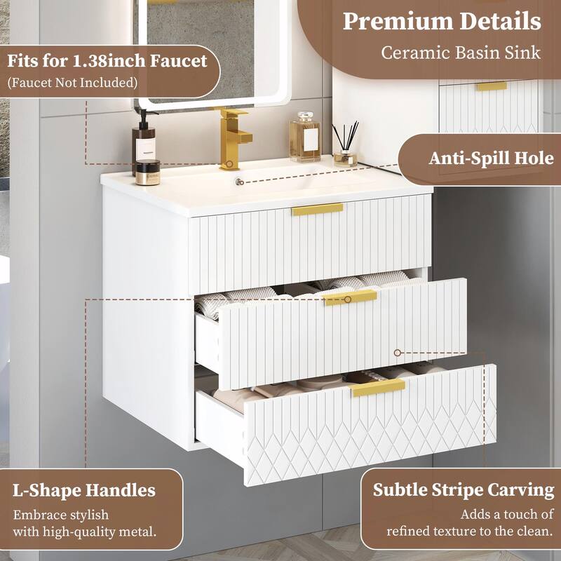 24-inch Wall-Mounted Floating Cabinet with Double Drawer, Rectangular Vanity Sink