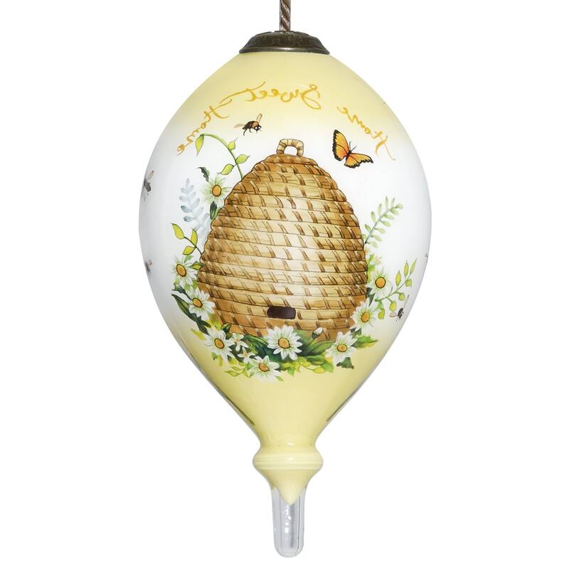 Beehive Home Sweet Home Hand Painted Mouth Blown Glass Ornament - 4.75" x 2.5" x 2.5"