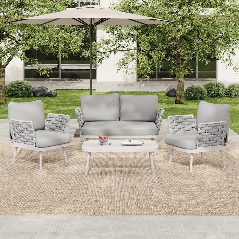 Roomfitters Steel 4-Piece Outdoor Conversation Set with Woven Rope Armrests and Cushions - Off-White+Grey