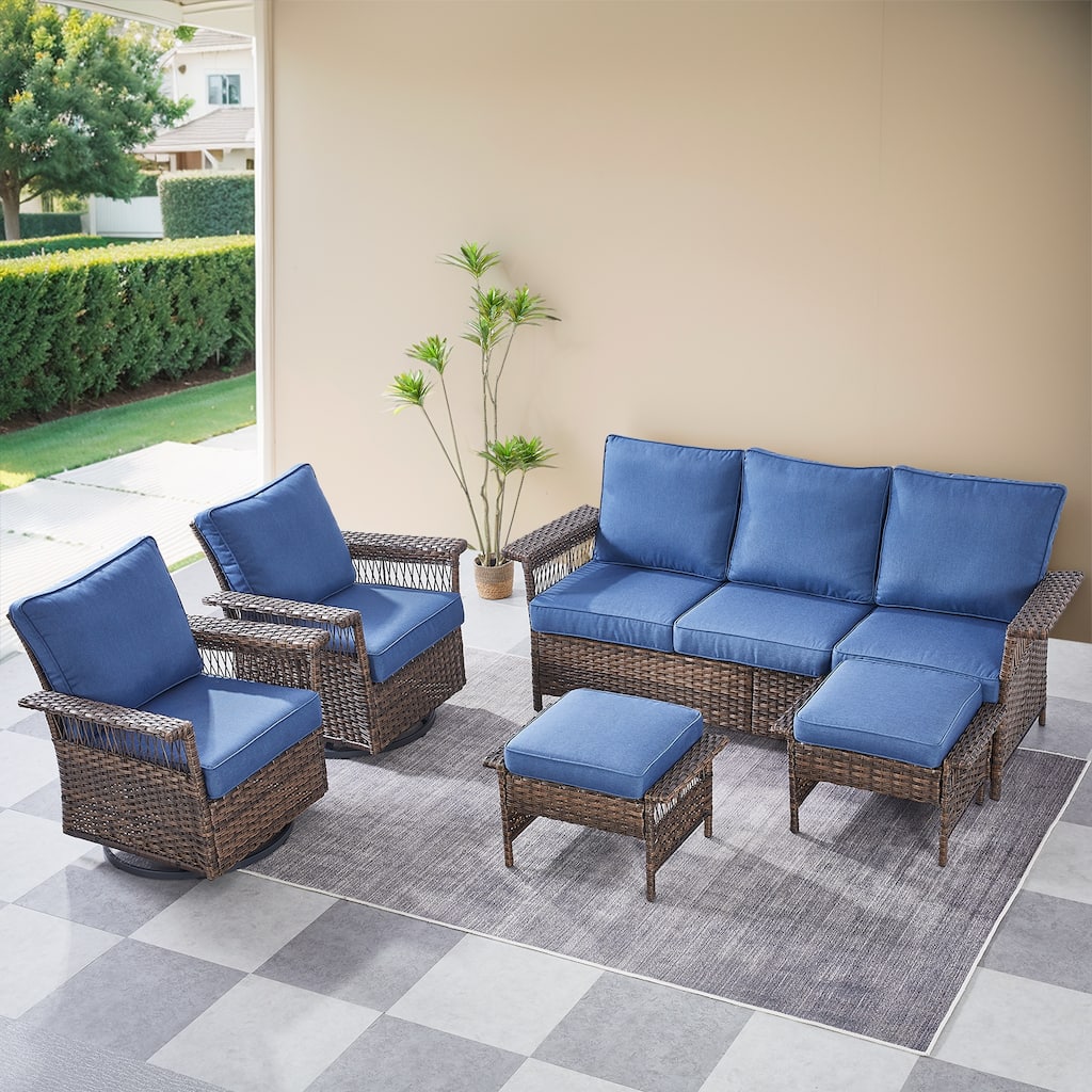 Gymojoy Patio 3-Seat Sofa & 2 Swivel Chair & 2 Chair & 2 Ottomans - Brown