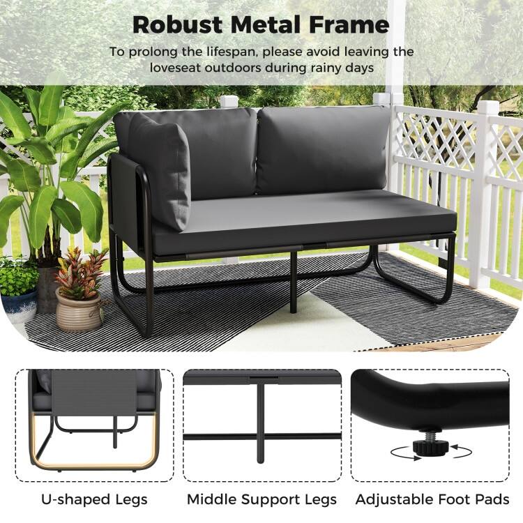 Grey-Black Metal Fabric Outdoor Loveseat with Cushions Patio Seating - 45.5" x 25.5" x 23.5"