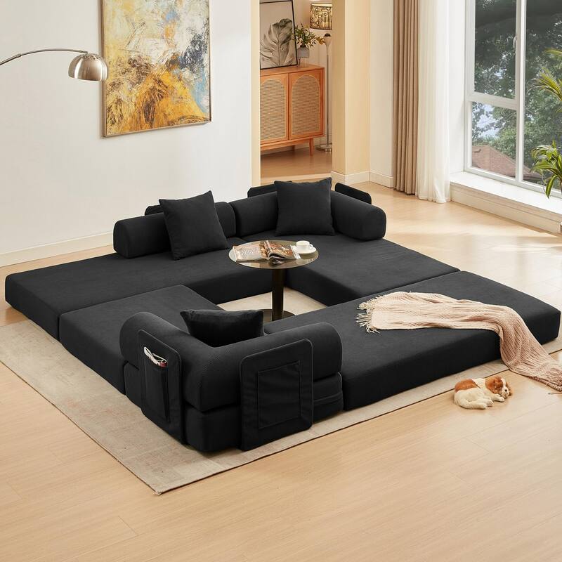 107" L-Shaped 6-in-1 Corduroy Modular Sectional Sofa, Convertible Out Sofa Bed, 4-Seat, Black