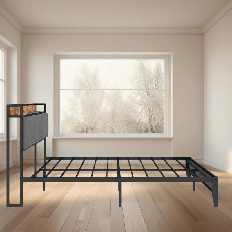 Queen and Full Size Bed Frame with Charging Station, Upholstered Headboard and Metal Platform, Bedroom Furniture - Light Gray - Full