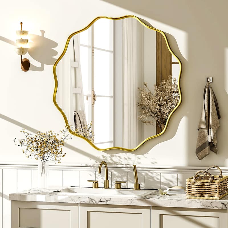 Round Wavy Bathroom Mirror Deep Frame Decorative Mirror Wall-Mounted - 24"x24" - Gold