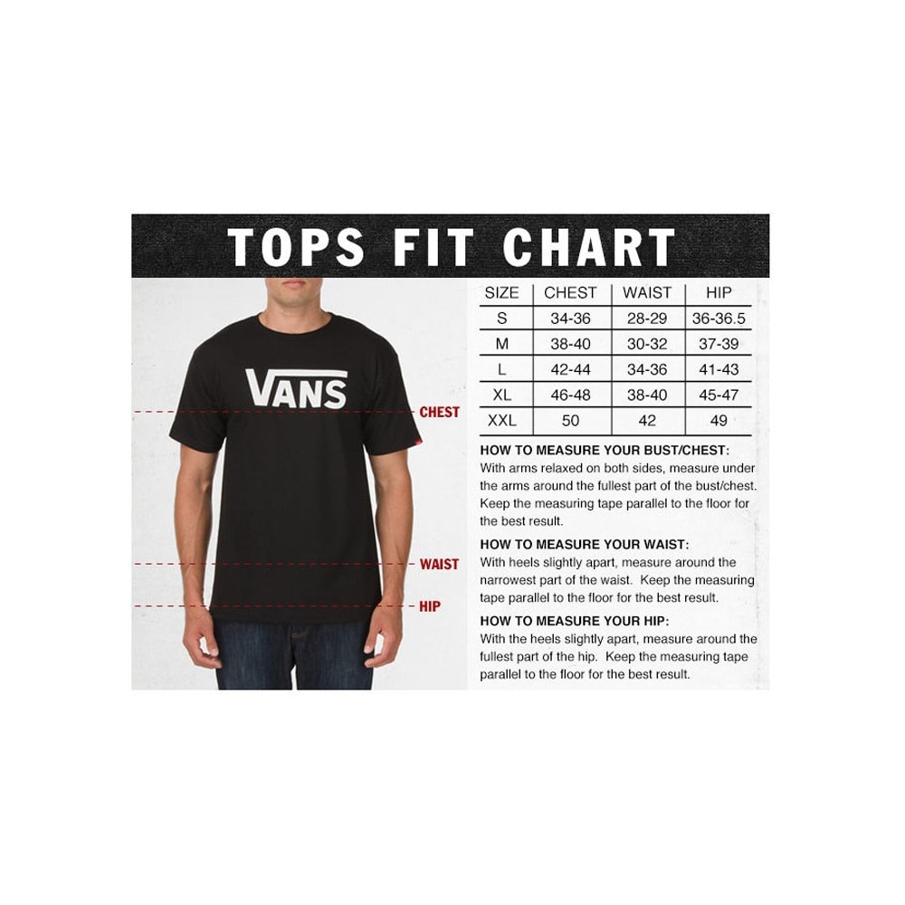 vans shorts size chart