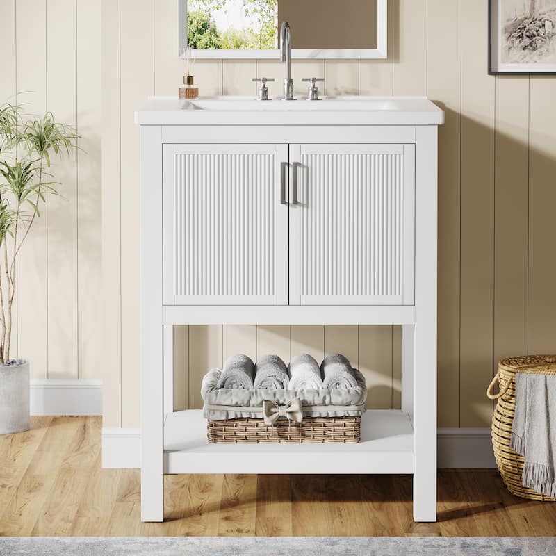 24" Single Bathroom Vanity with Ceramic Sink, Solid Rubberwood Frame & Open Storage Shelf