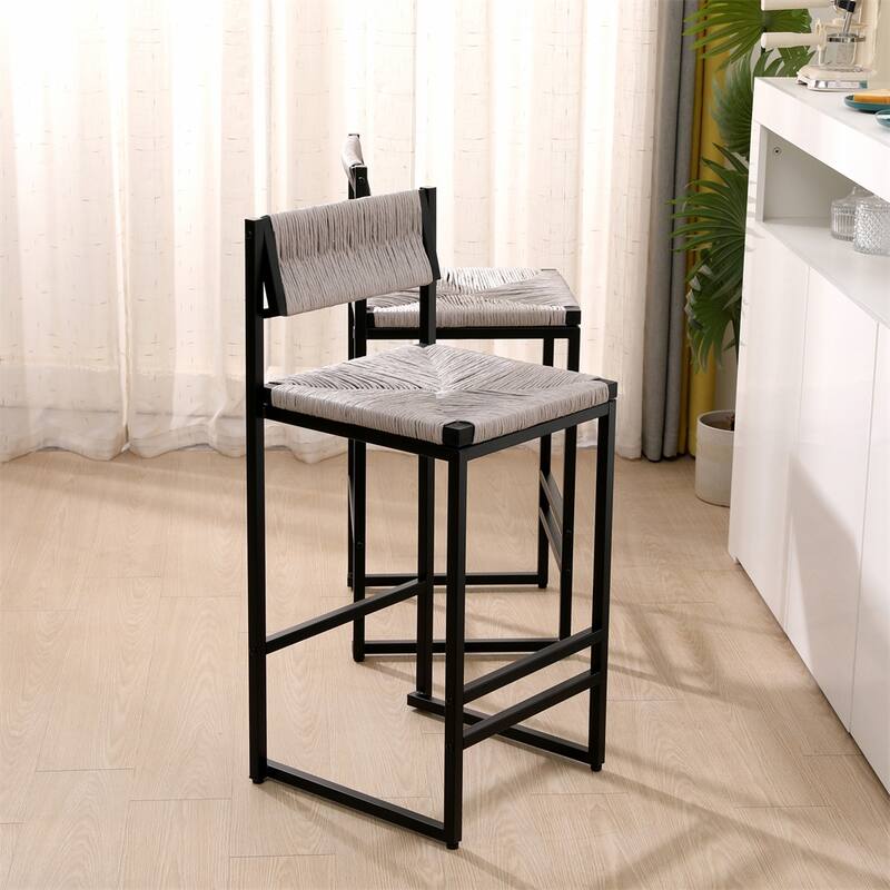 Set of 2 Hand Weave Counter Stool with Footrest for Kitchen Island - Gray