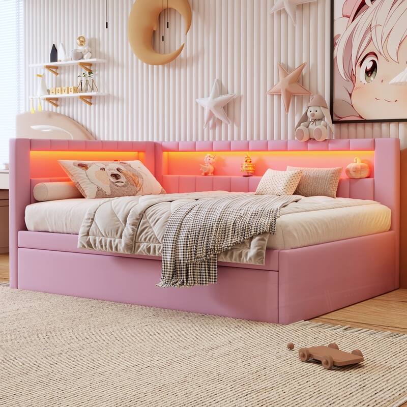 Upholstered Platform Bed with USB Ports and LED Belt With Trundle