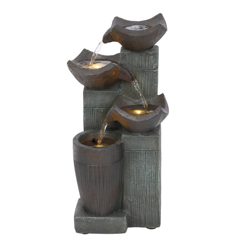 Alpine Corporation TZL414 14" 4 Tier Squared Bowls Fountain with LED Lights for Home, Office, and Desk Decor, Grey